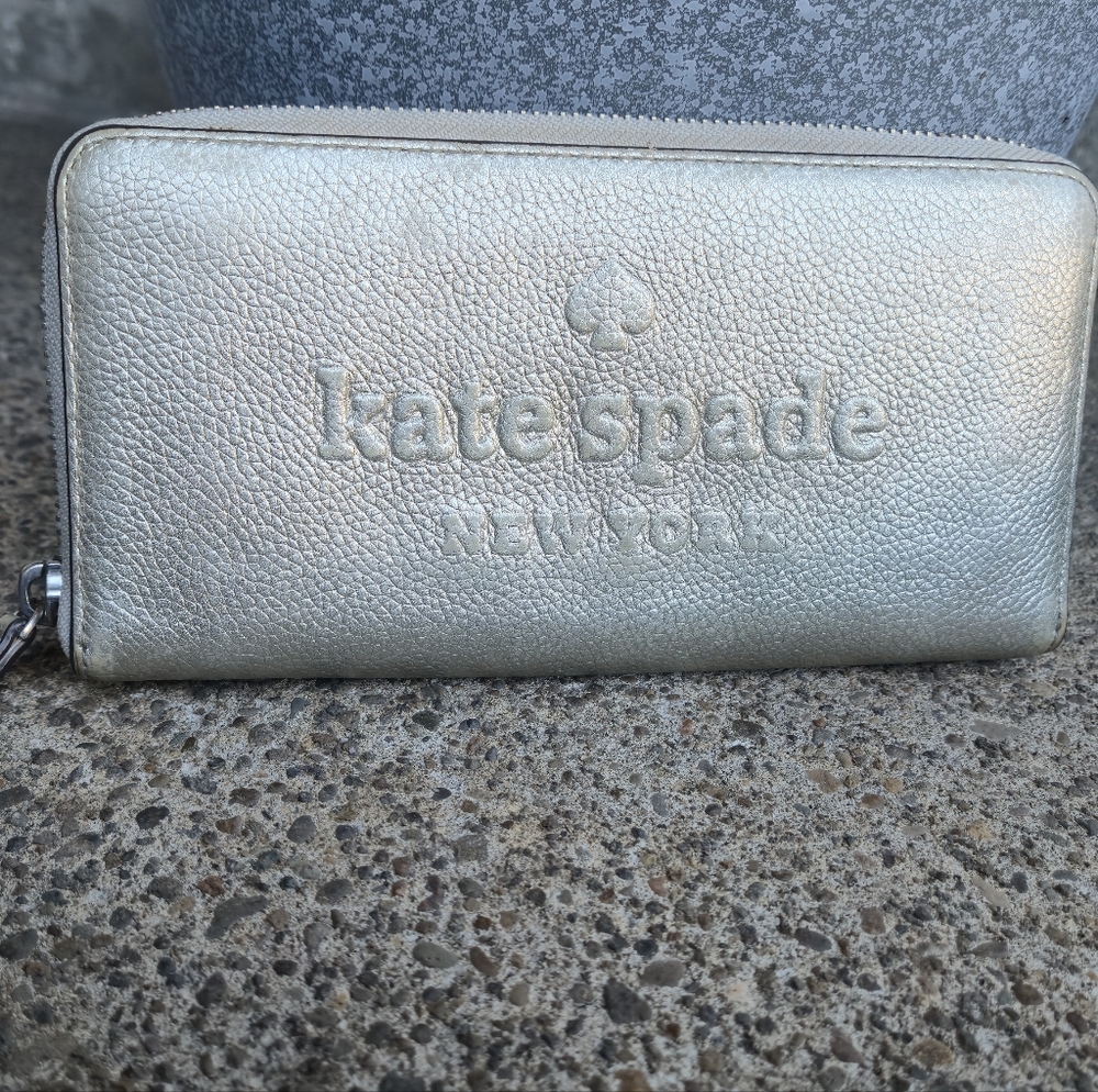 Kate Spade Embossed Logo Silver Leather Zip Wallet